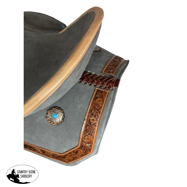 15" Double T Gray Suede Barrel Style Saddle With Teal Buckstitching.