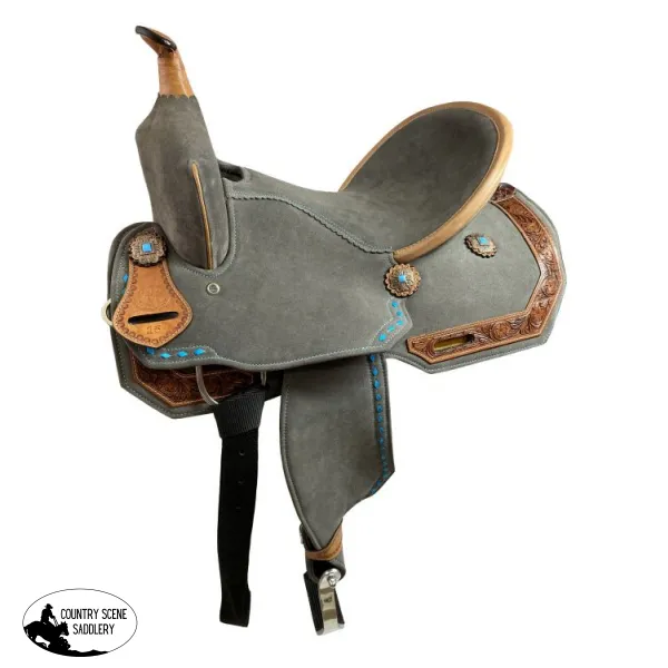 15" Double T Gray Suede Barrel Style Saddle With Teal Buckstitching.