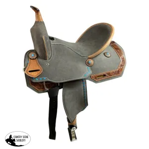 15" Double T Gray Suede Barrel Style Saddle With Teal Buckstitching.