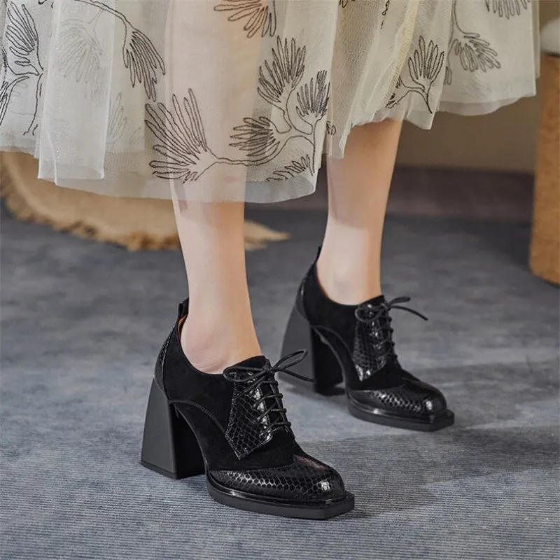 Alligator Pattern Vegan Leather Thick High Heels Shoes