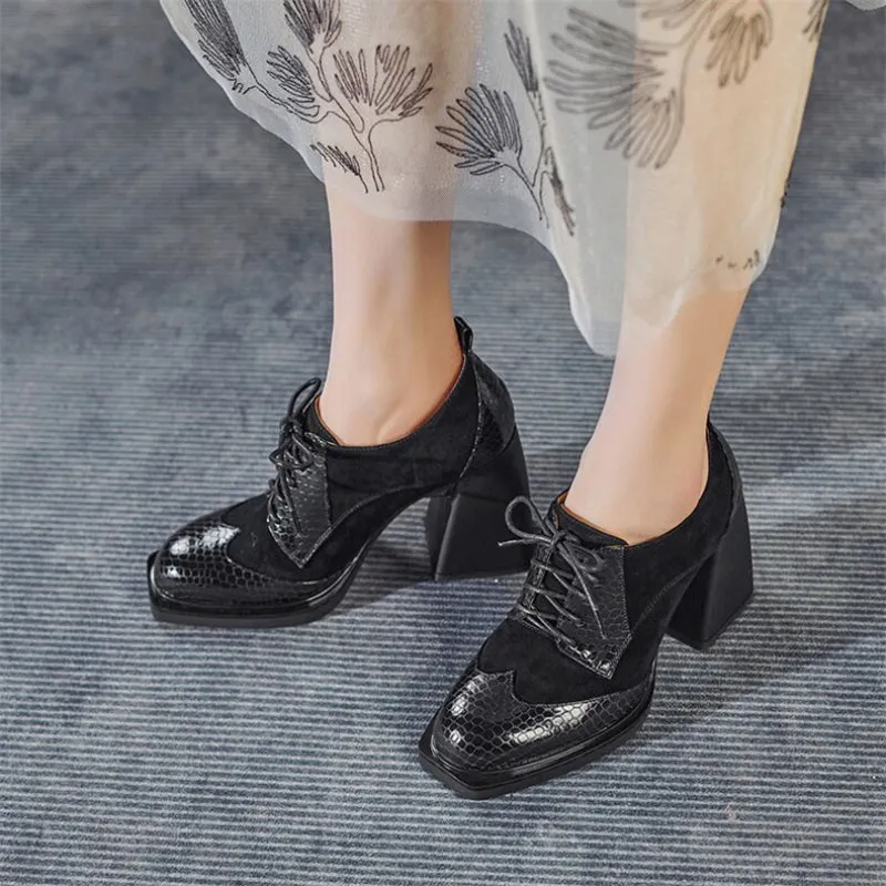 Alligator Pattern Vegan Leather Thick High Heels Shoes