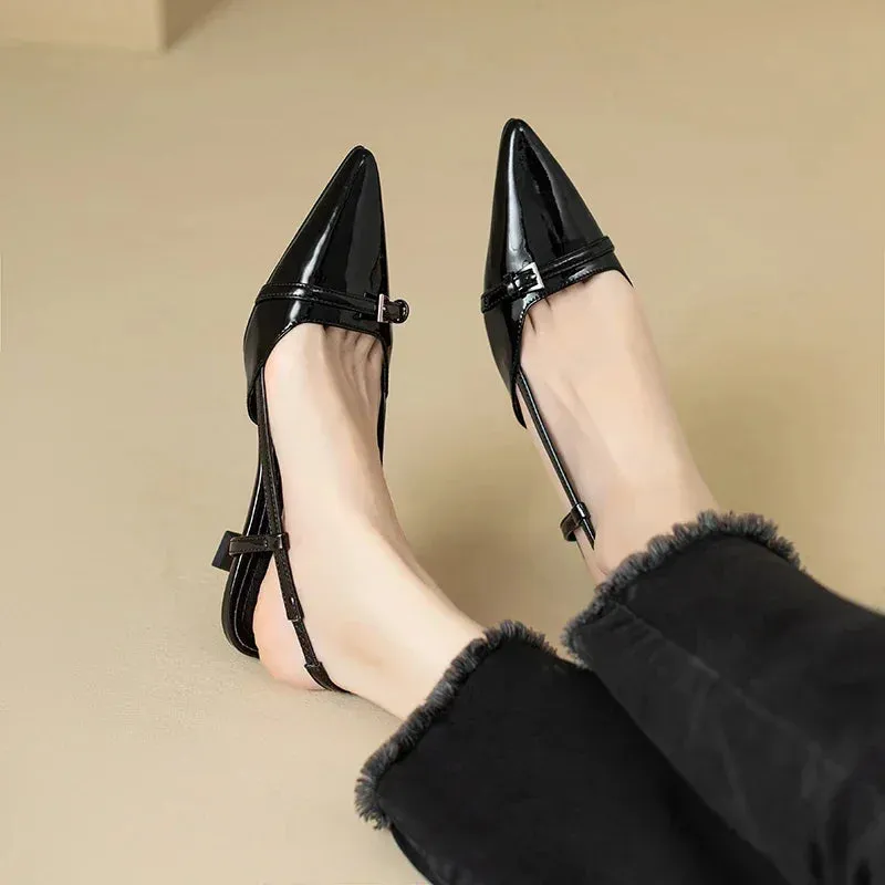 Amozae-2024 New Summer Women's Dress Shoes Pointed Toe Sandals Buckle Slingbacks Mid Heels Pumps Patent Leather Slip on