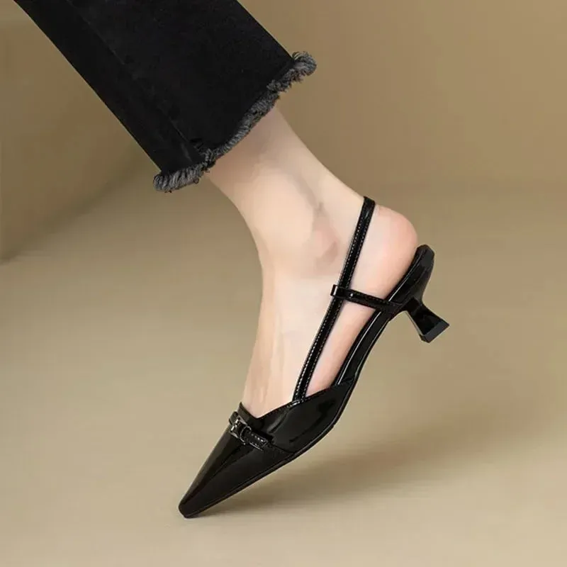 Amozae-2024 New Summer Women's Dress Shoes Pointed Toe Sandals Buckle Slingbacks Mid Heels Pumps Patent Leather Slip on