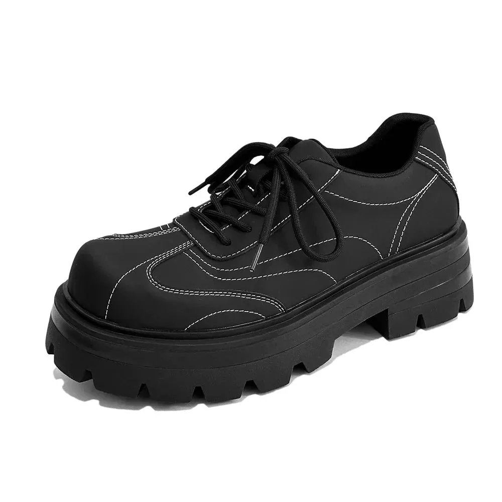 Amozae- Matt Black Contrast Stitch Chunky Oxford Shoes