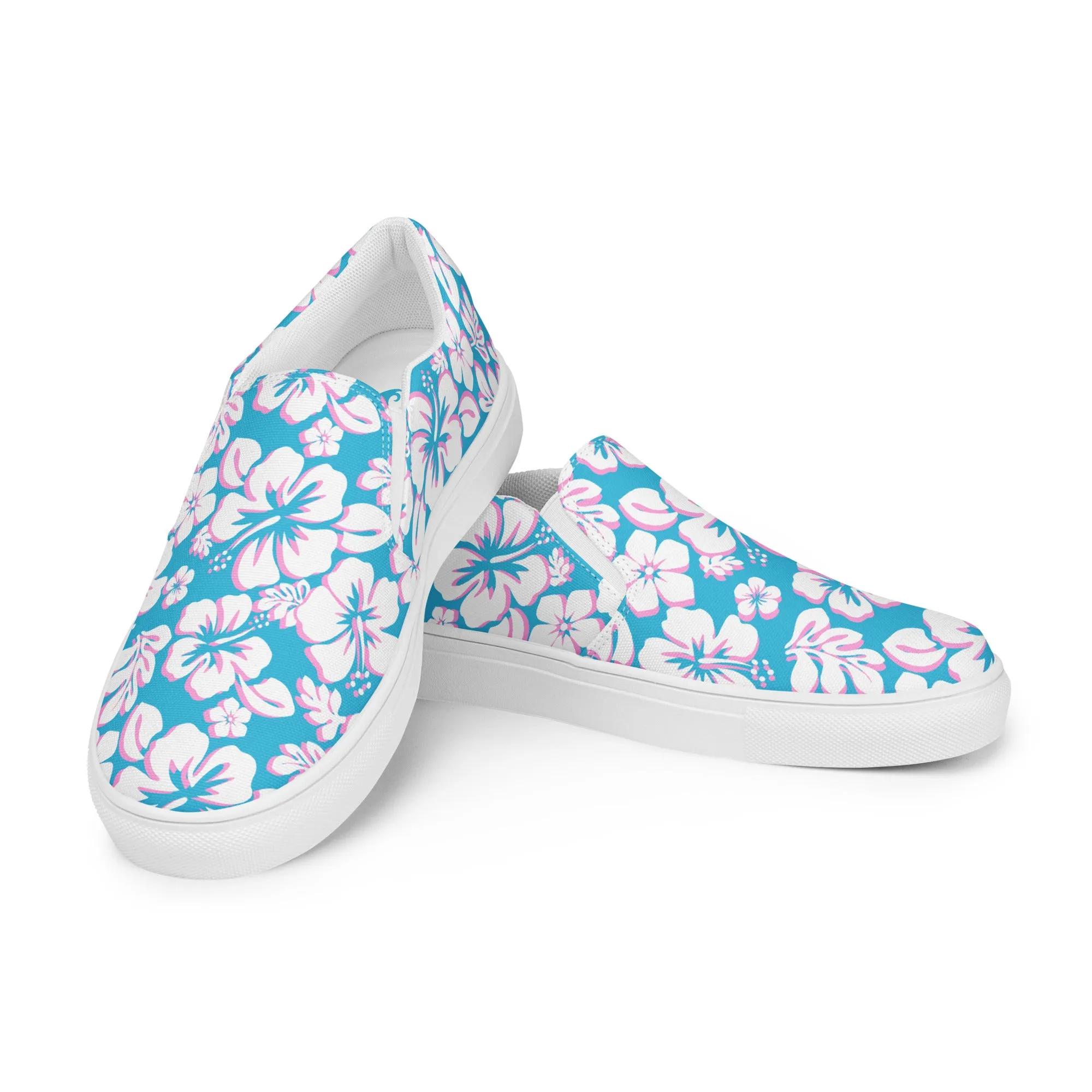 Aqua, Pink and White Hawaiian Flowers Women's Slip On Canvas Shoes