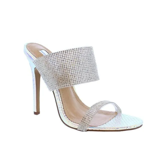 Arielle Rhinestone Double Strap Heels- Hologram Pink