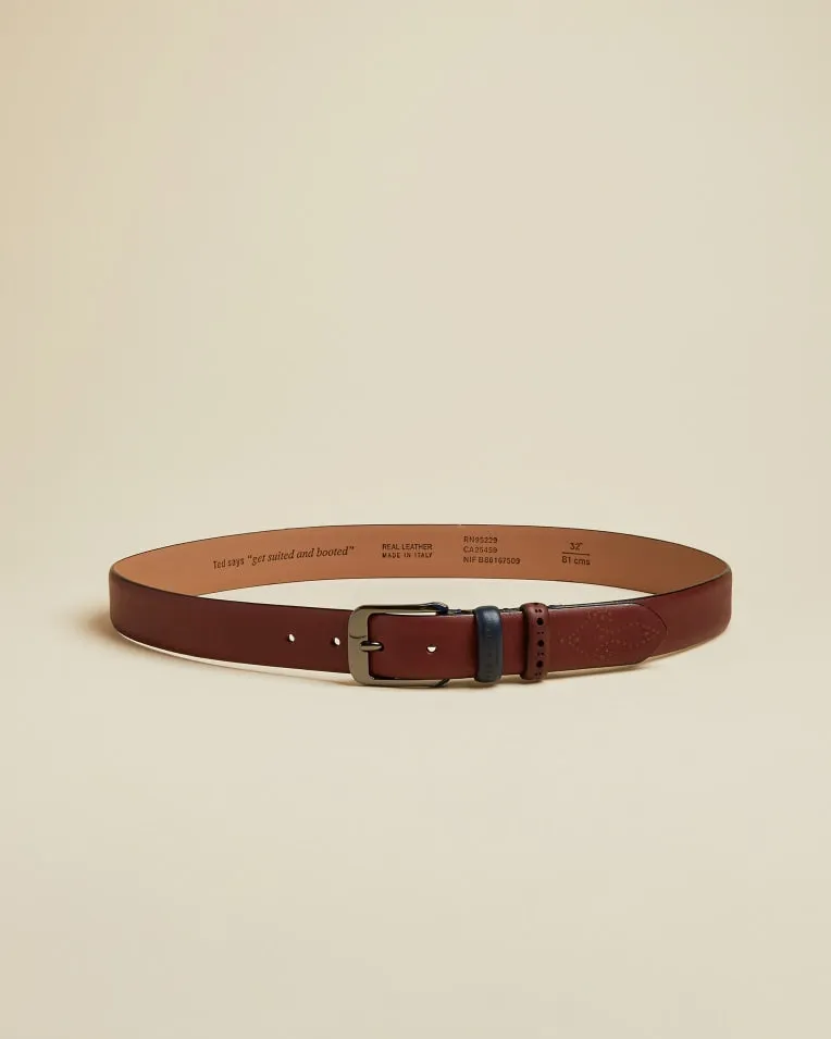 Brogue Detail Leather Belt - Dark Red