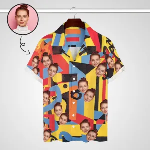 Custom Face Color Block Splicing Yellow Men's Lapel Shirt Cuban Collar Hawaiian Shirt