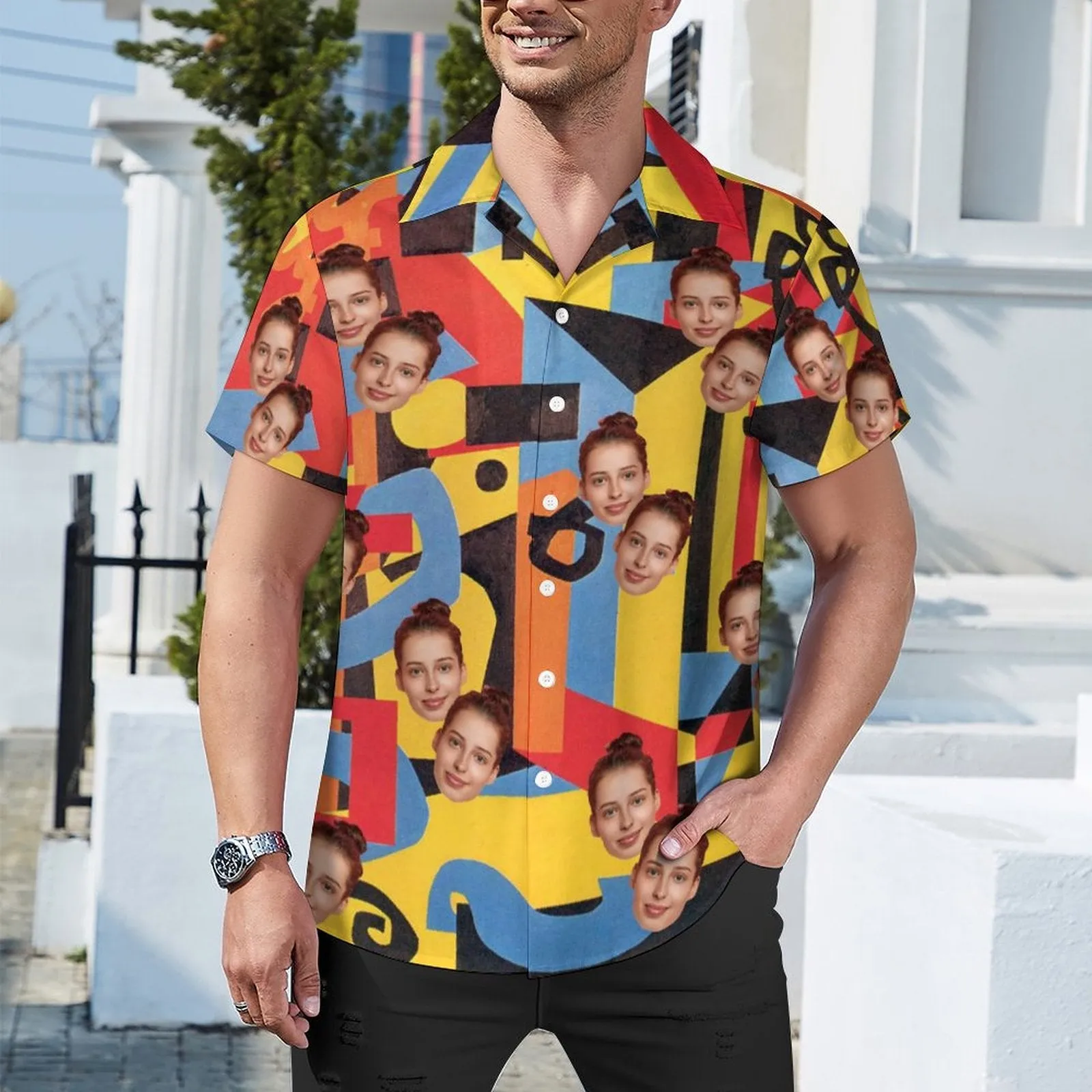 Custom Face Color Block Splicing Yellow Men's Lapel Shirt Cuban Collar Hawaiian Shirt