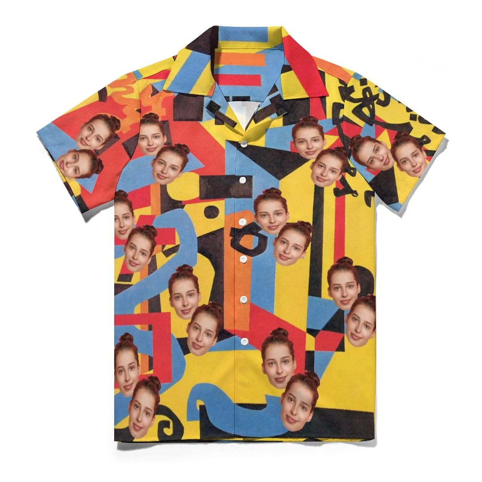 Custom Face Color Block Splicing Yellow Men's Lapel Shirt Cuban Collar Hawaiian Shirt