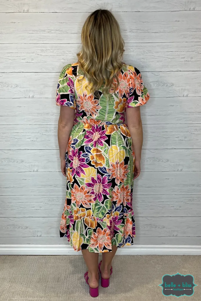 Dahlia Puff Sleeve Floral Midi Dress with Pockets