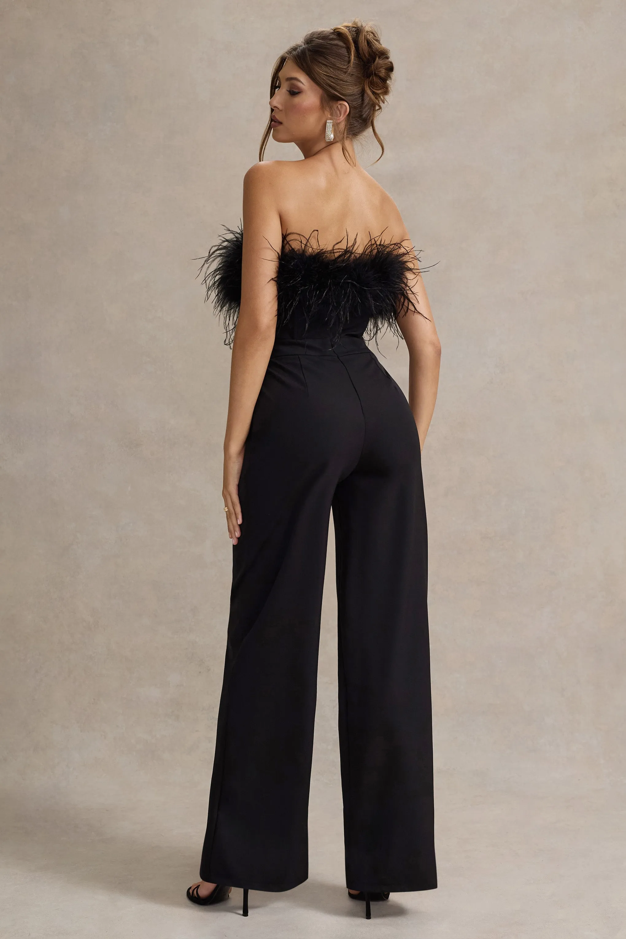 Delta | Black Feather Bandeau Wide-Leg Jumpsuit