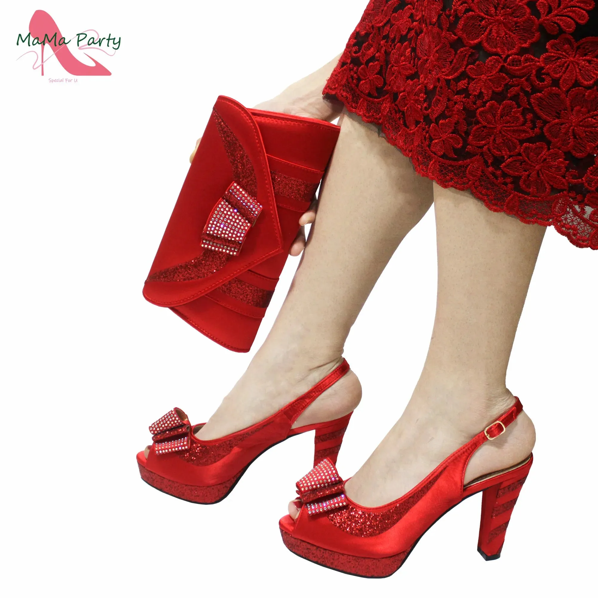 Elegant Style African Women Shoes Matching Hand Bag Set in Red  Color Slingbacks Sandals with Platform for Party