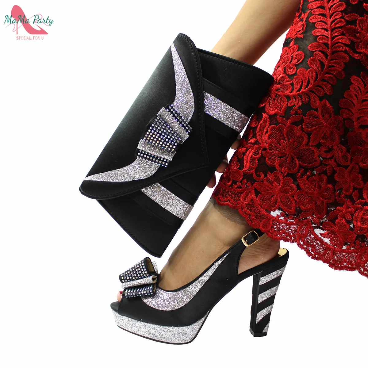 Elegant Style African Women Shoes Matching Hand Bag Set in Red  Color Slingbacks Sandals with Platform for Party