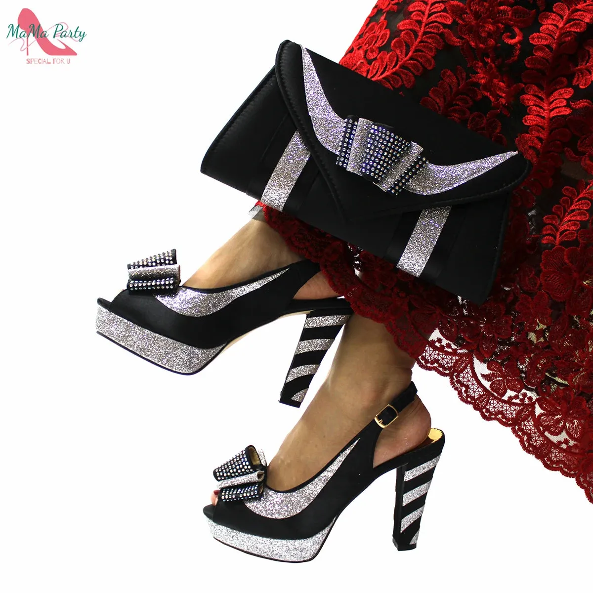 Elegant Style African Women Shoes Matching Hand Bag Set in Red  Color Slingbacks Sandals with Platform for Party