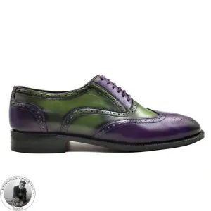 Handmade Genuine Green And Purple Leather  Wingtip Brogue Oxford Lace Up Wedding Shoes