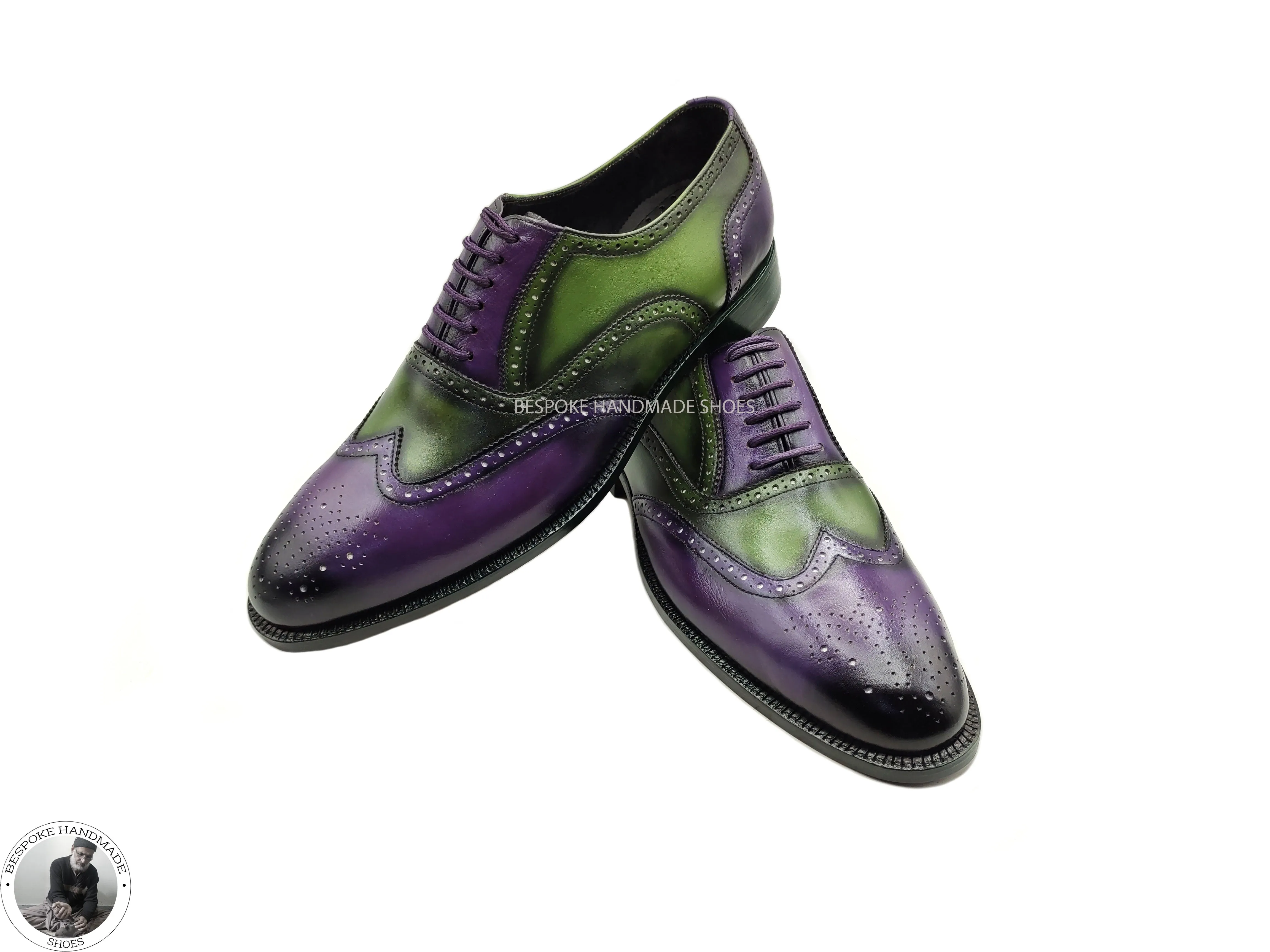 Handmade Genuine Green And Purple Leather  Wingtip Brogue Oxford Lace Up Wedding Shoes