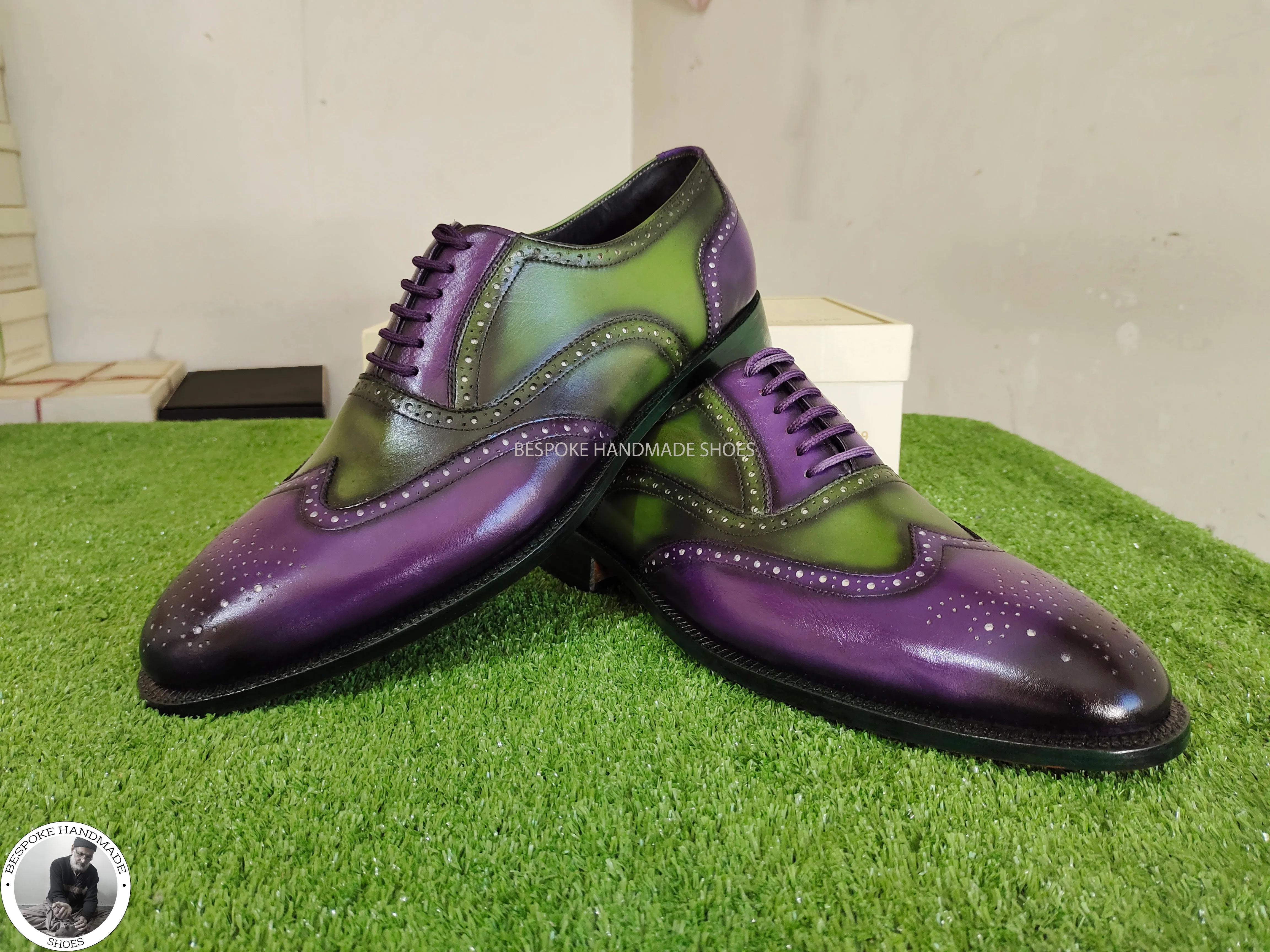 Handmade Genuine Green And Purple Leather  Wingtip Brogue Oxford Lace Up Wedding Shoes