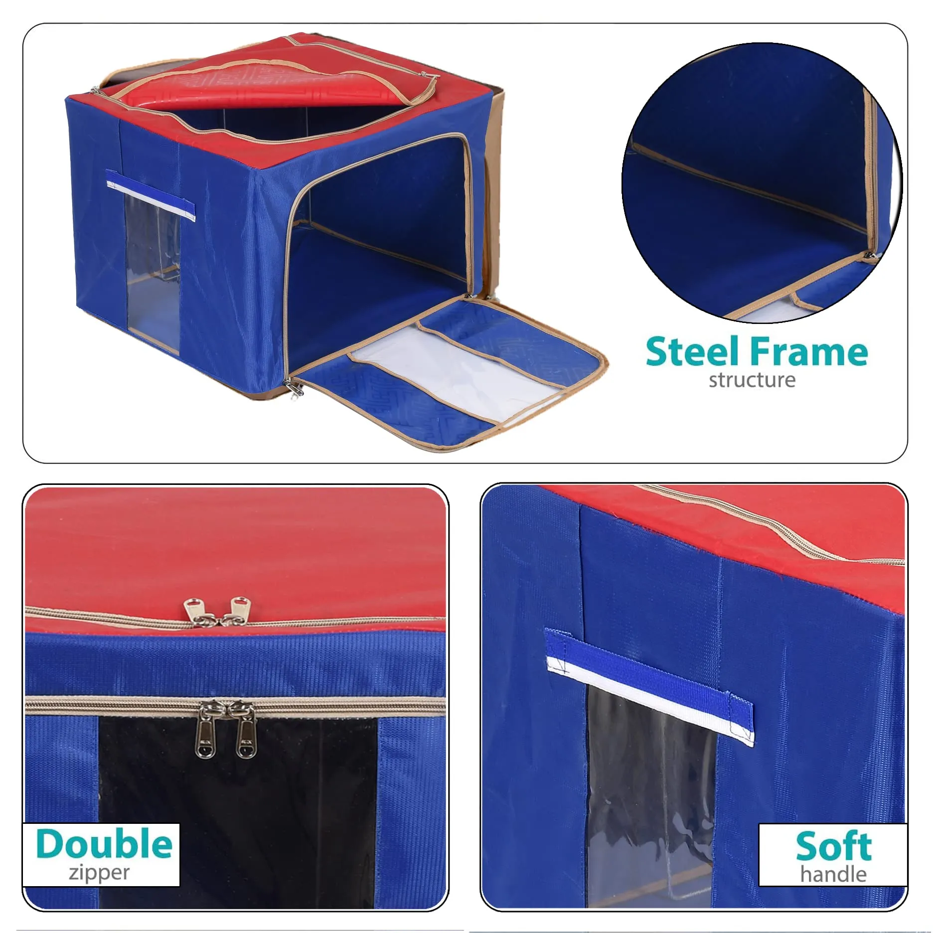 Heart Home Steel Frame Living Box, Closet Organizer, Cloth Storage Boxes for Wardrobe With Clear Window, 88Ltr. (Red & Blue)-44HH0322