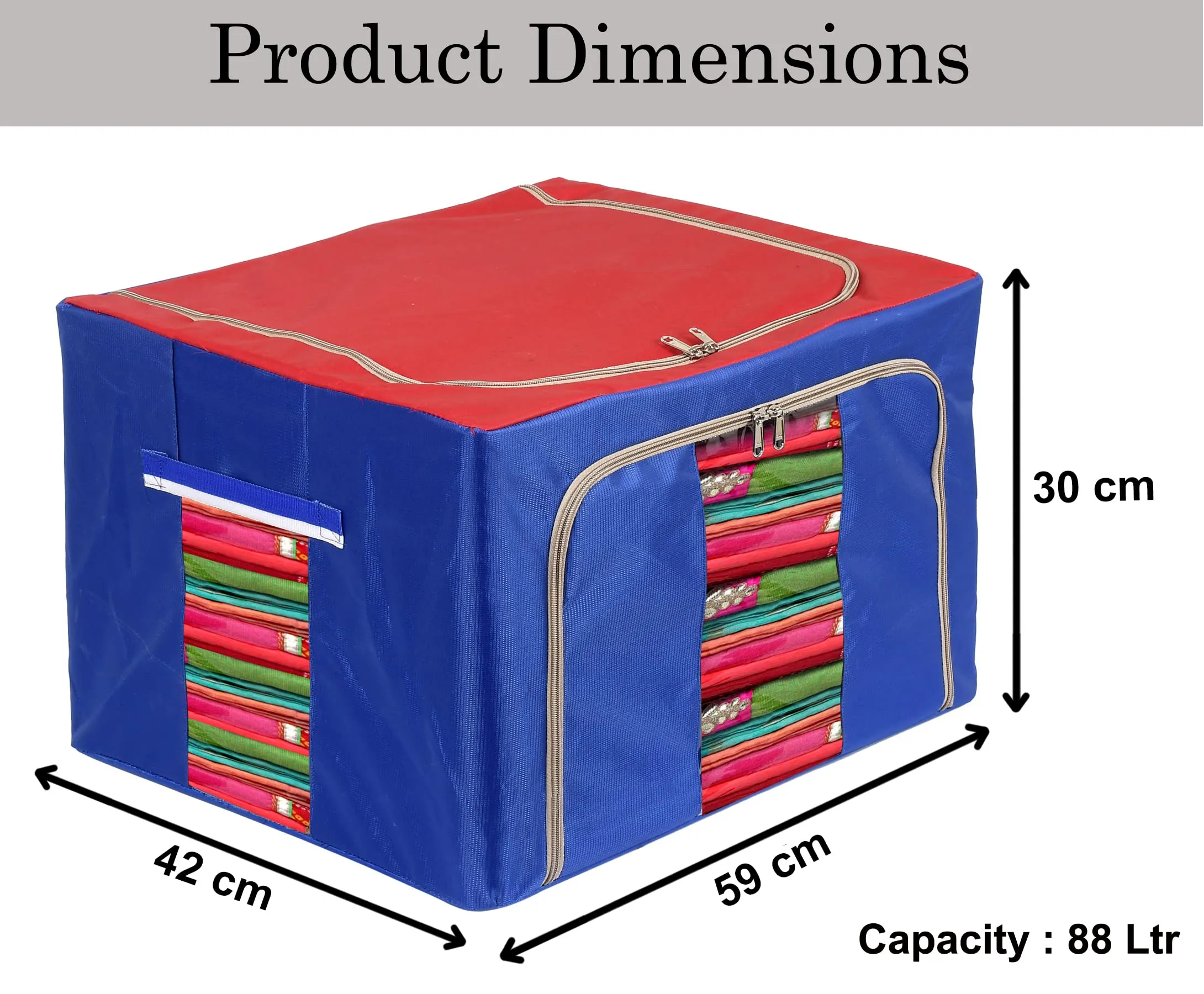 Heart Home Steel Frame Living Box, Closet Organizer, Cloth Storage Boxes for Wardrobe With Clear Window, 88Ltr. (Red & Blue)-44HH0322