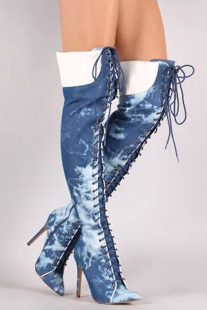 Liliana Denim Pointy Toe Lace-Up Over-The-Knee Boots