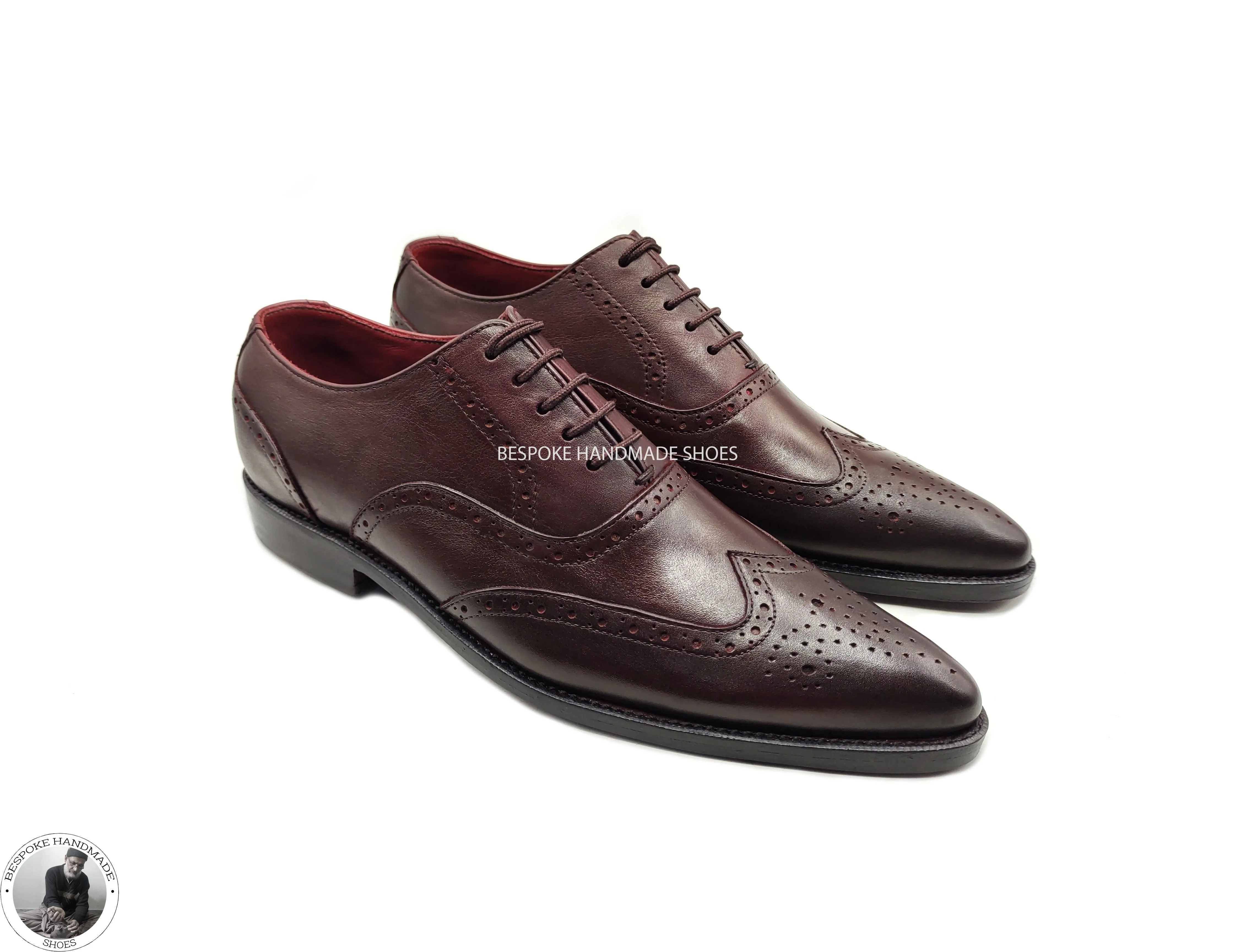 Men Chocolate Brown Italian Leather Oxford Wingtip Brogue Lace Up Handmade Dress Shoes