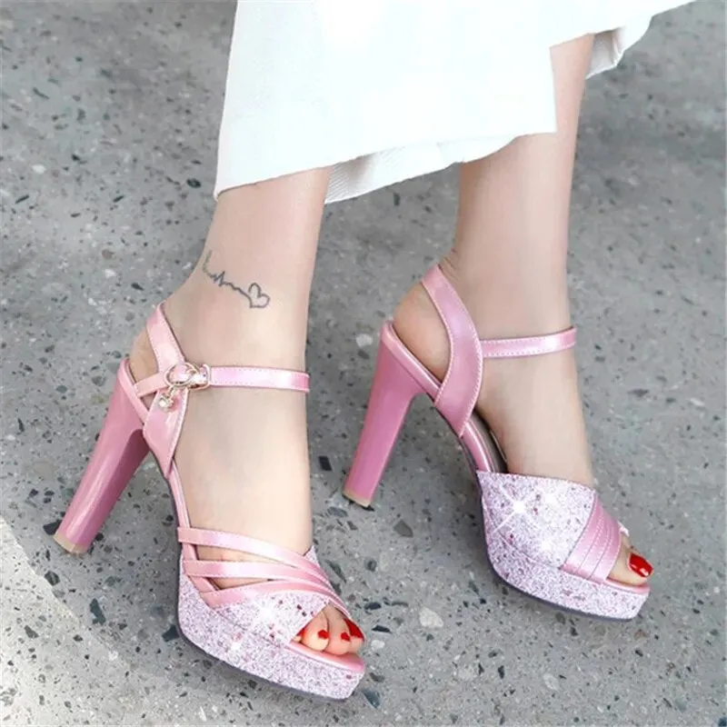 New Elegant Slingbacks Shoes Shiny Sequin Cloth Women Shoes High Heels Party Office Lady Sandals Shoes Woman