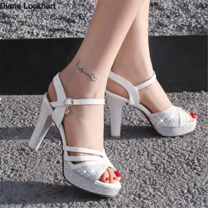 New Elegant Slingbacks Shoes Shiny Sequin Cloth Women Shoes High Heels Party Office Lady Sandals Shoes Woman