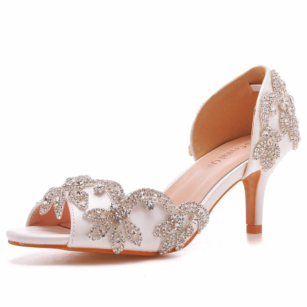 Peep Toe Satin Rhinestone Slip On High Heel