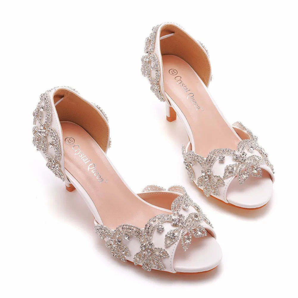 Peep Toe Satin Rhinestone Slip On High Heel