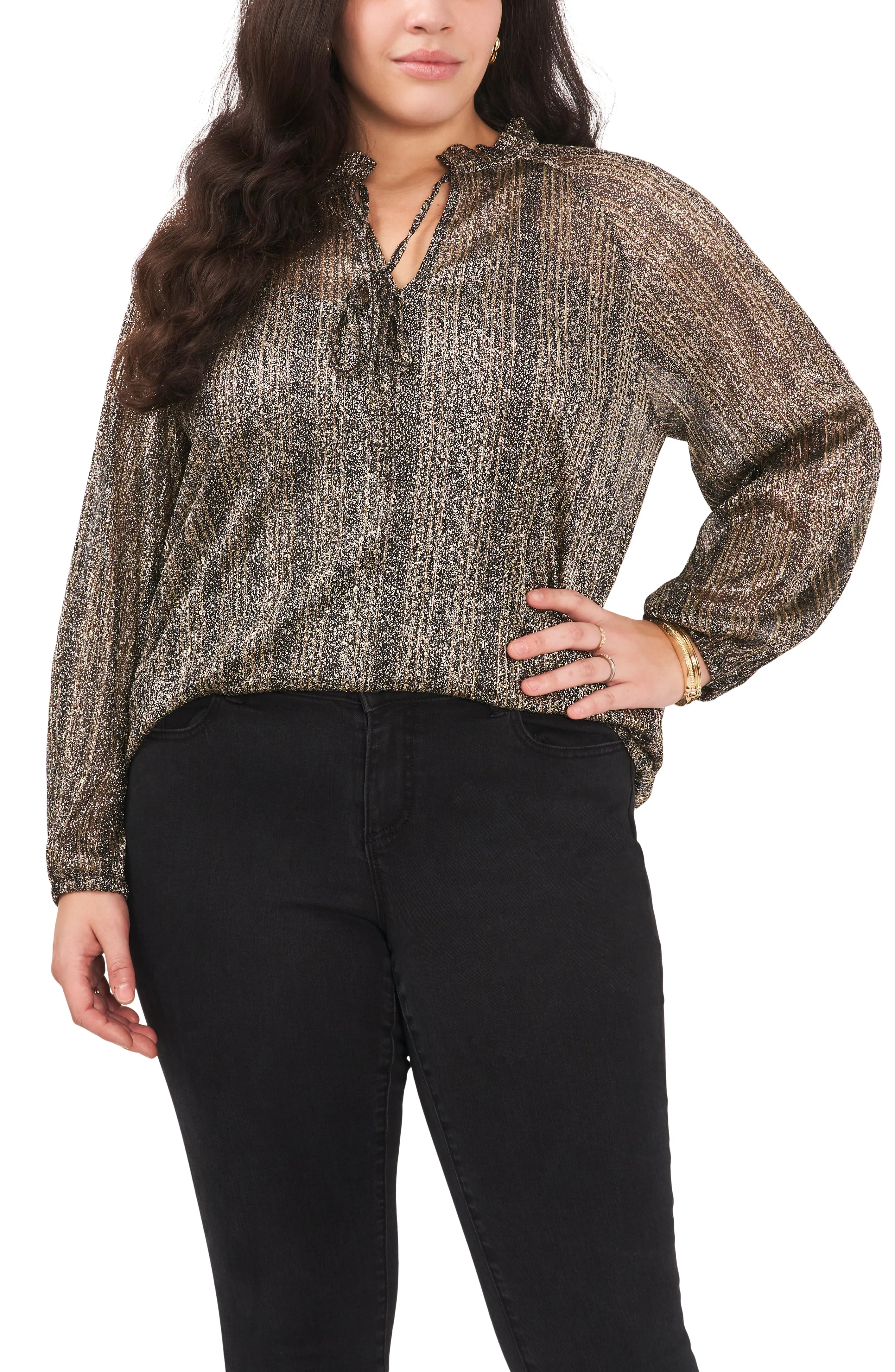 Plus-Size Pleated Long Sleeve Blouse With Tie At Neck