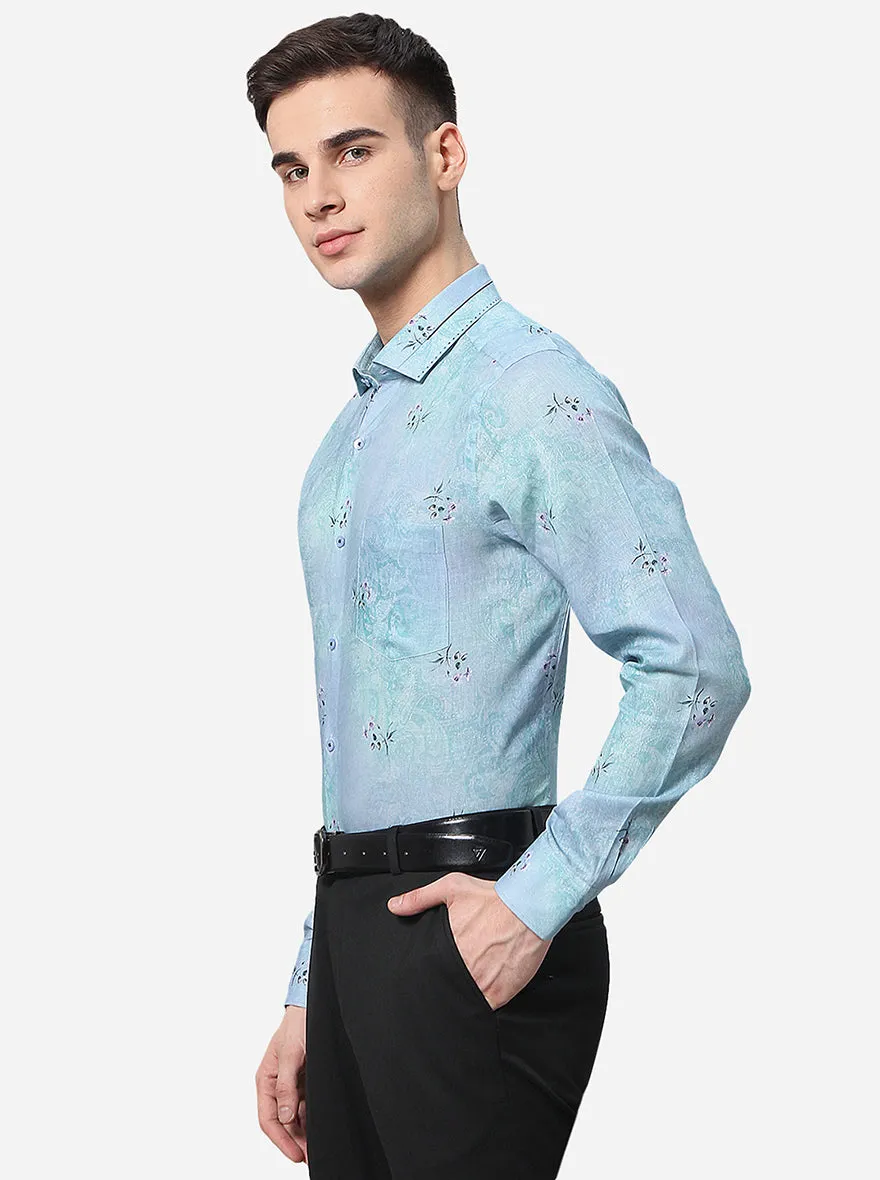 Sky Blue Printed Slim Fit Party Wear Shirt | JB Studio