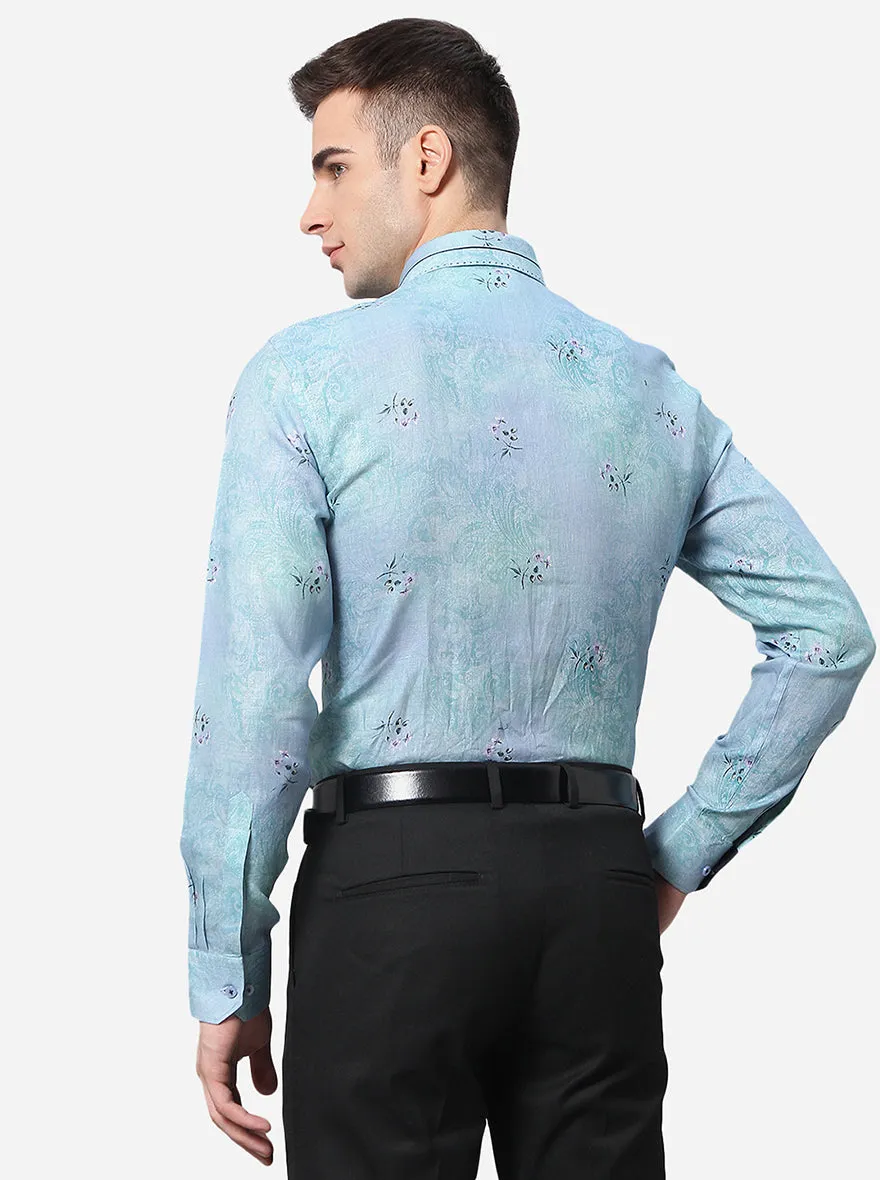 Sky Blue Printed Slim Fit Party Wear Shirt | JB Studio