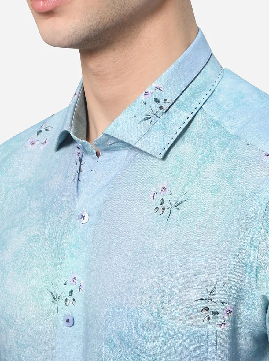 Sky Blue Printed Slim Fit Party Wear Shirt | JB Studio