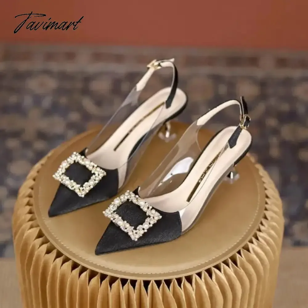 TAVIMART Crystal Rhinestone Satin Buckle Strap Pumps Women Fashion  Slingbacks Stripper Thin High Heels PVC Transparent Shoes