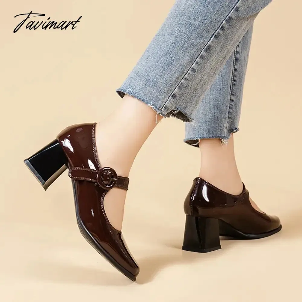 TAVIMART -  Women Mary Jane Shoes Patent Leather High Heels Office Lady Shoes Square Toe Chunky Pumps Female Oxford Shoe Spring Autumn 9964N