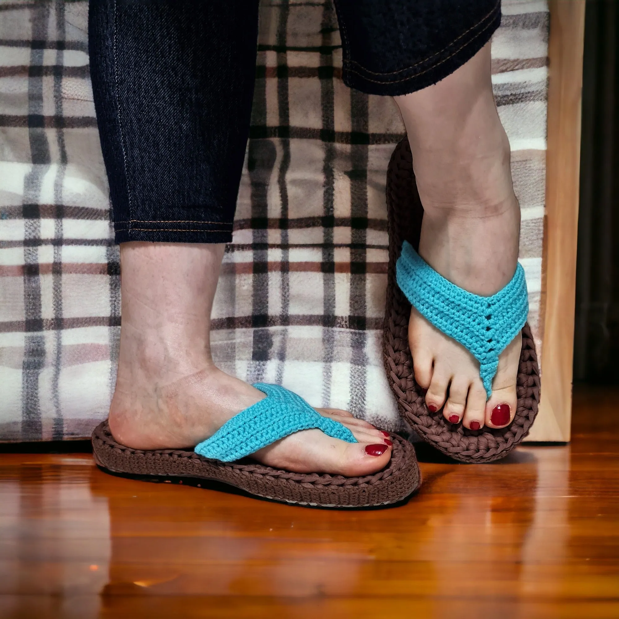 Turquoise Sandals Slip On Beach Slippers - Custom Crochet Handmade Flip Flops Pool Slipper