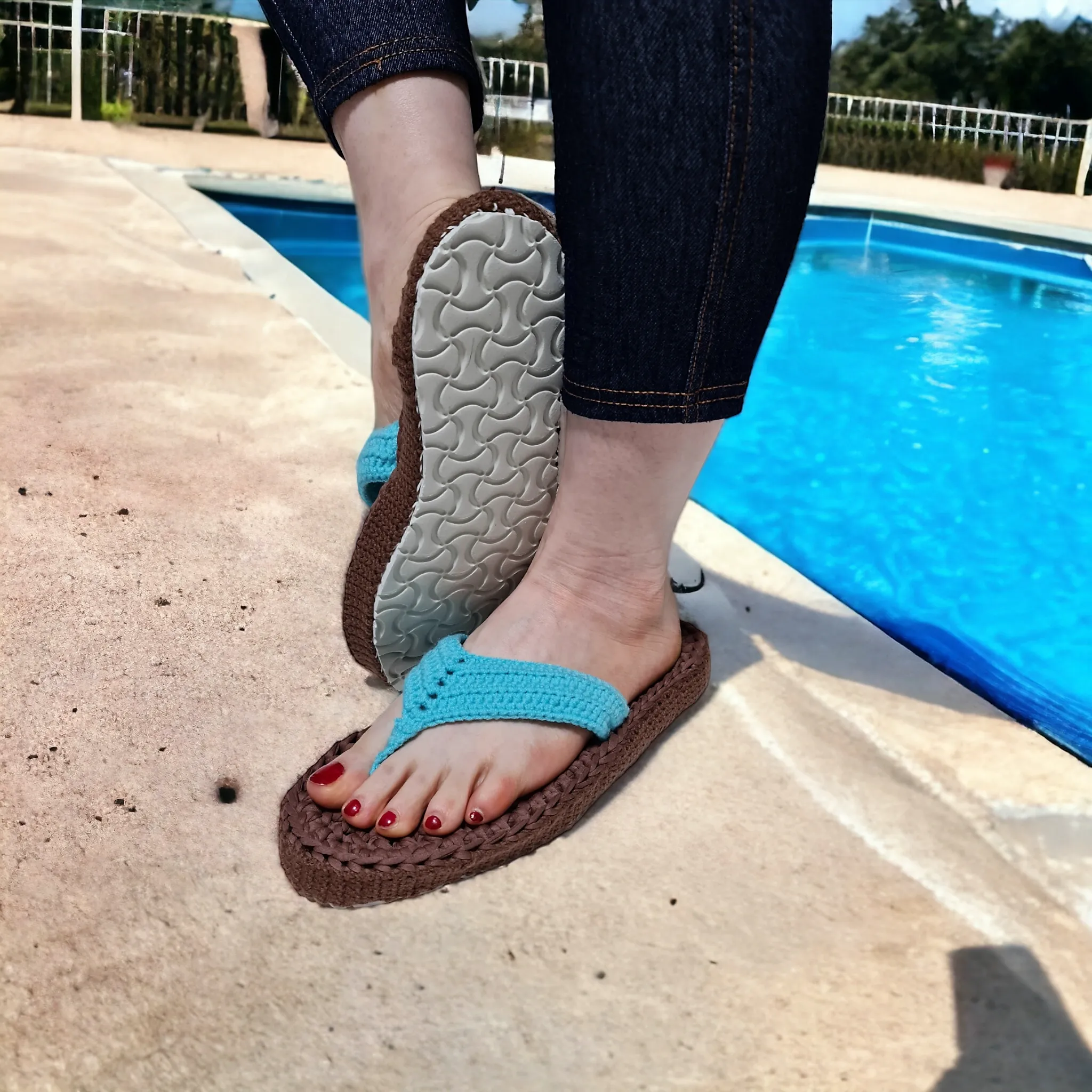 Turquoise Sandals Slip On Beach Slippers - Custom Crochet Handmade Flip Flops Pool Slipper