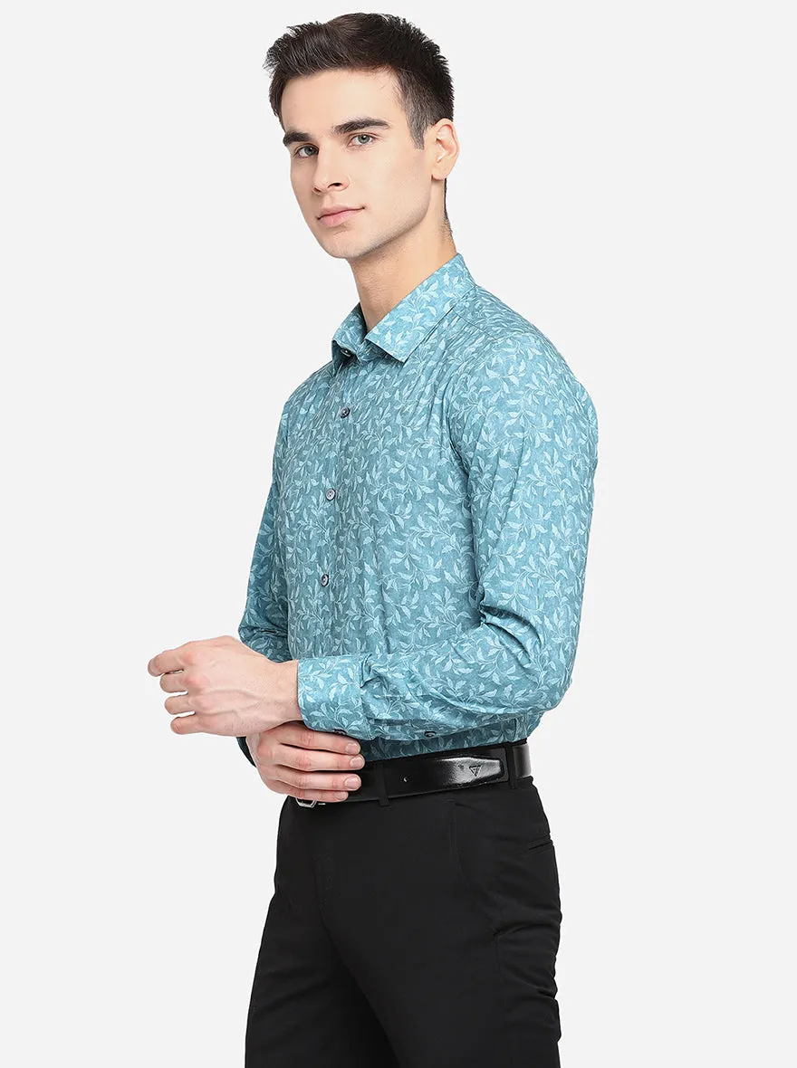 White & Green Printed Slim Fit Party Wear Shirt | JB Studio