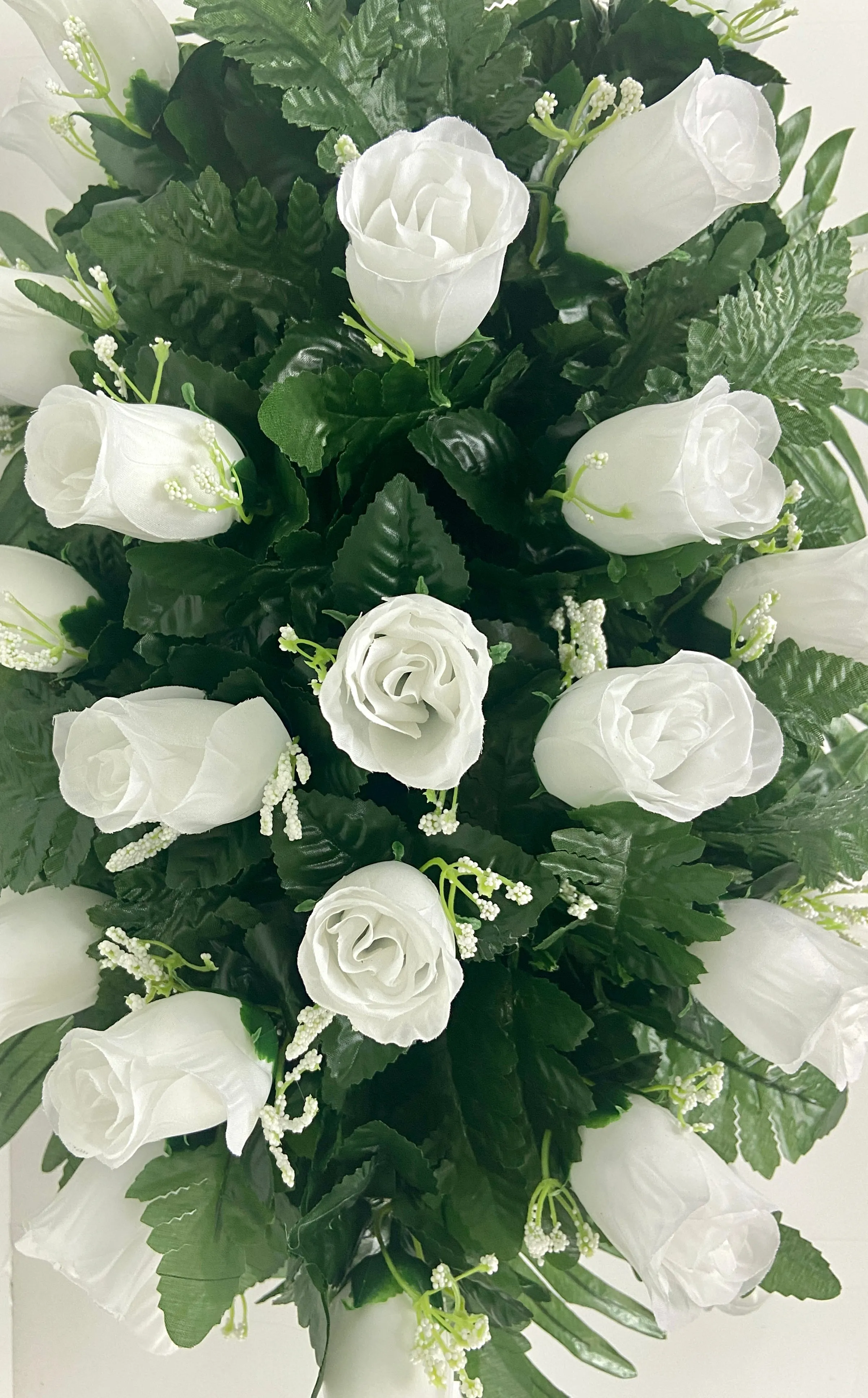 White rose cemetery arrangement for Headstone Decoration, Grave Topper, Saddle, Sympathy Flowers with Palms and Ferns