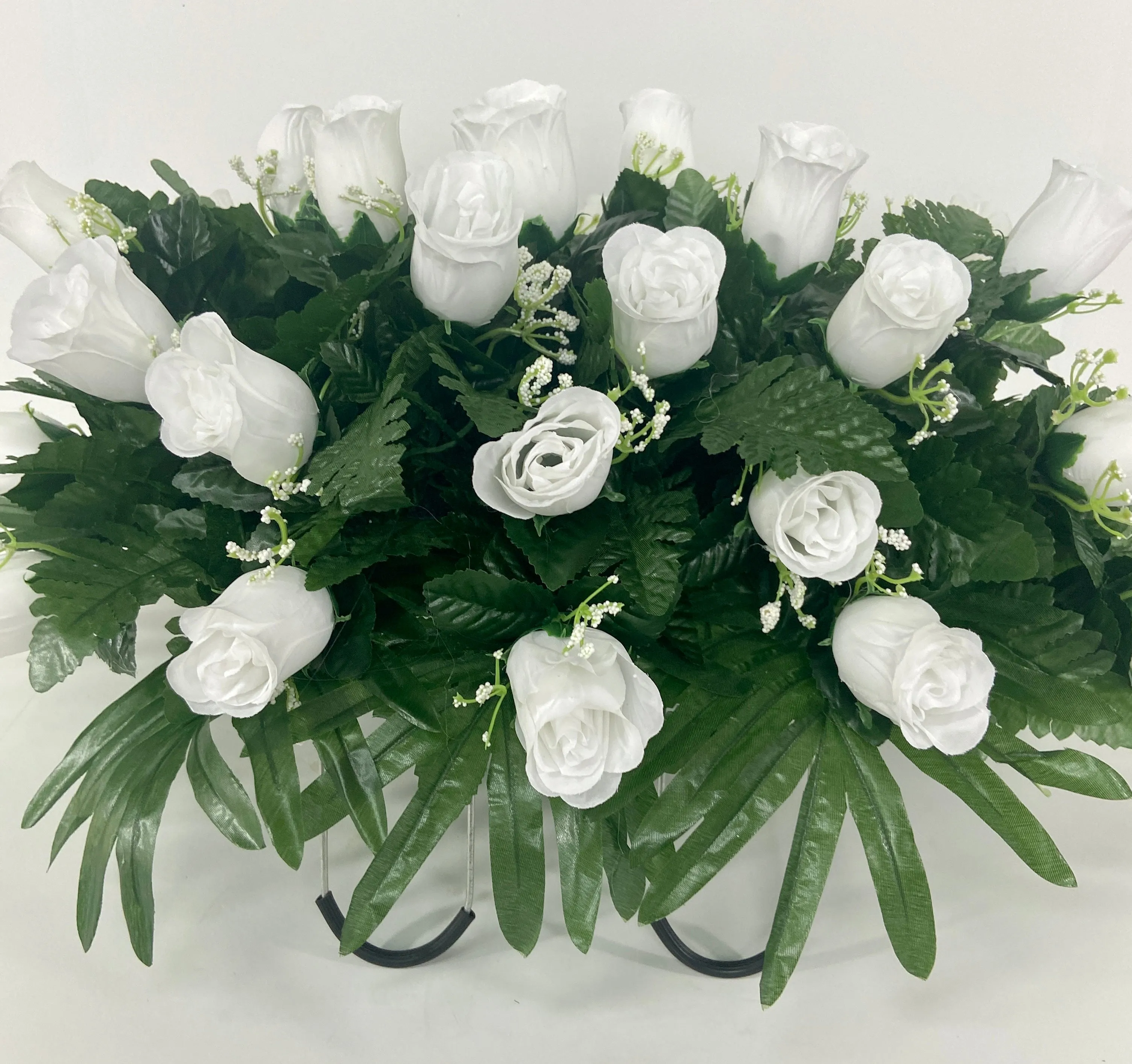 White rose cemetery arrangement for Headstone Decoration, Grave Topper, Saddle, Sympathy Flowers with Palms and Ferns