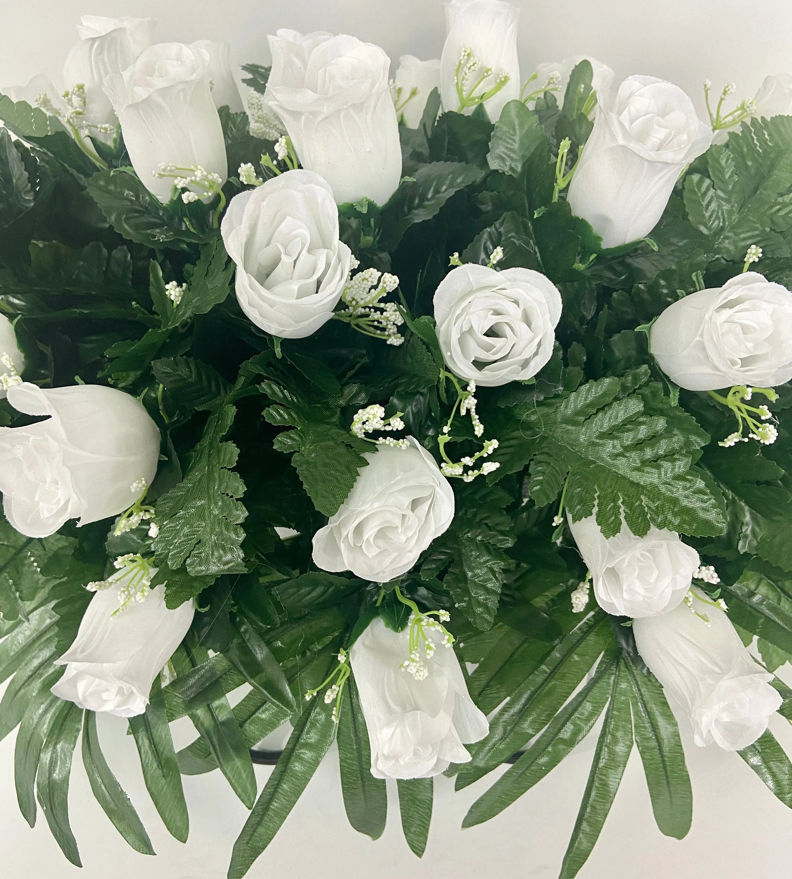 White rose cemetery arrangement for Headstone Decoration, Grave Topper, Saddle, Sympathy Flowers with Palms and Ferns