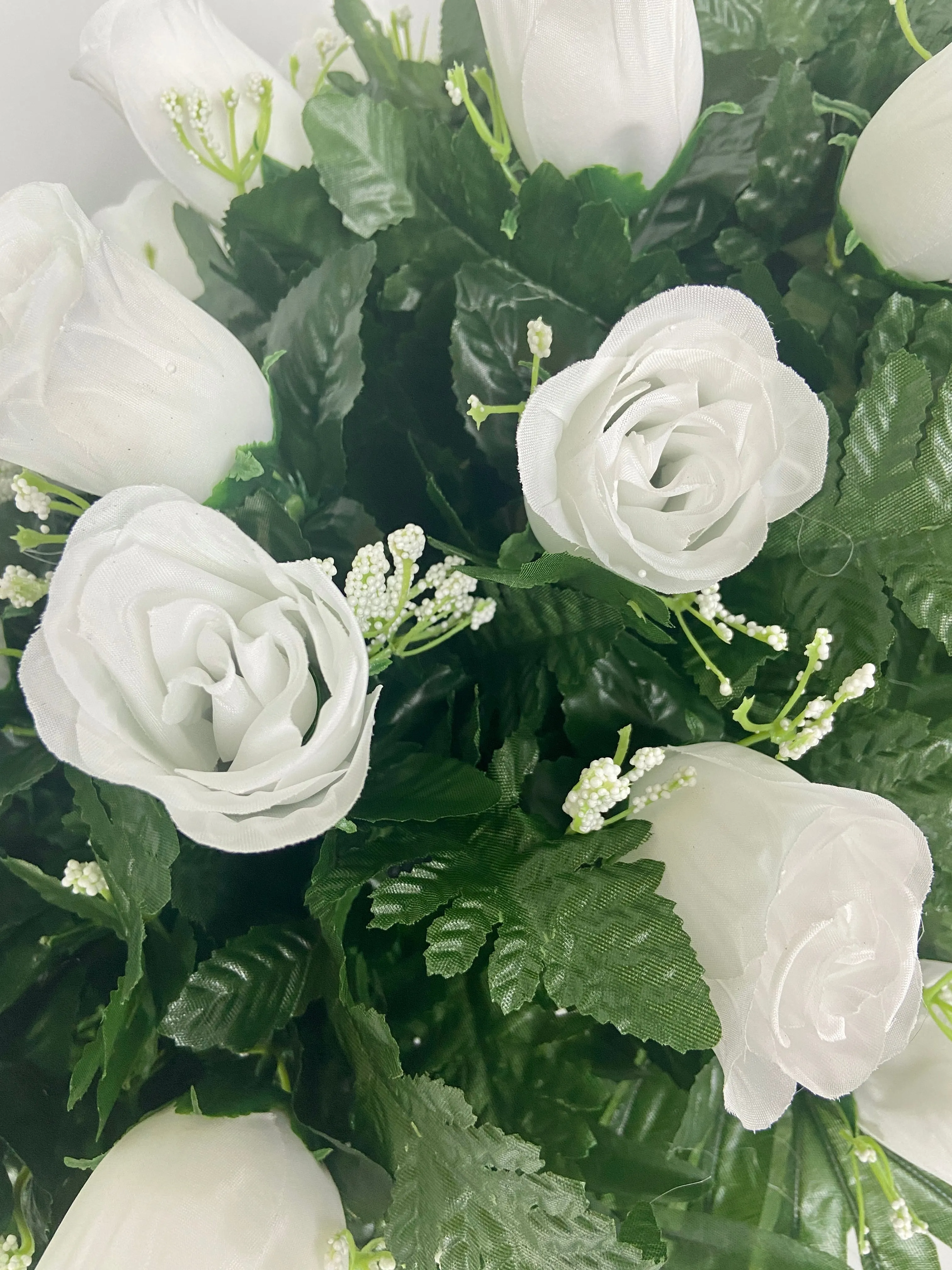 White rose cemetery arrangement for Headstone Decoration, Grave Topper, Saddle, Sympathy Flowers with Palms and Ferns