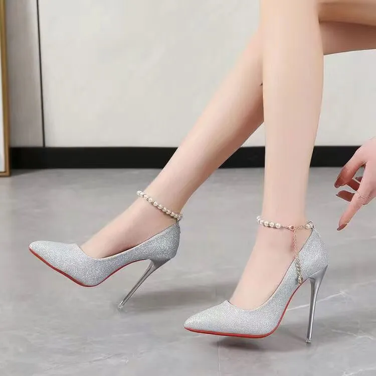 Women Super High Heels Ankle Bead Buckle Pumps - WSHP50054